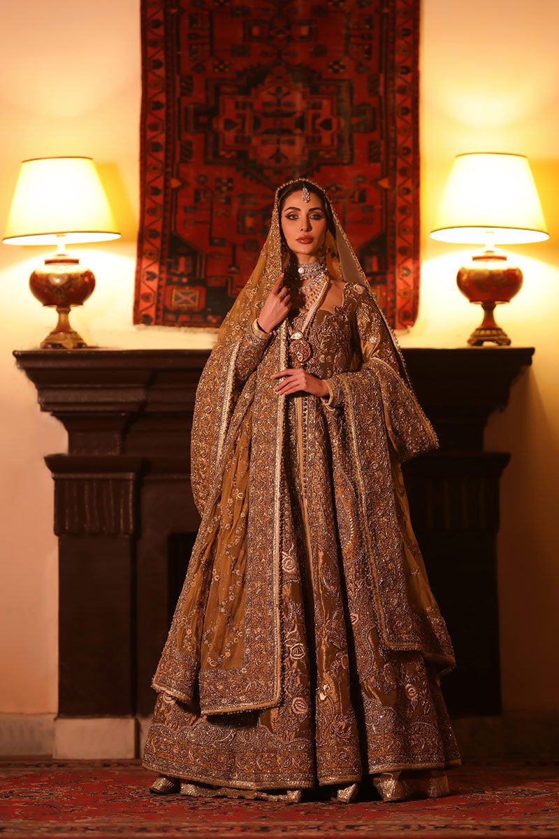 Pakistani Antique Gold Zari Zardozi Tissue Lehenga (3-Piece) - Image 2