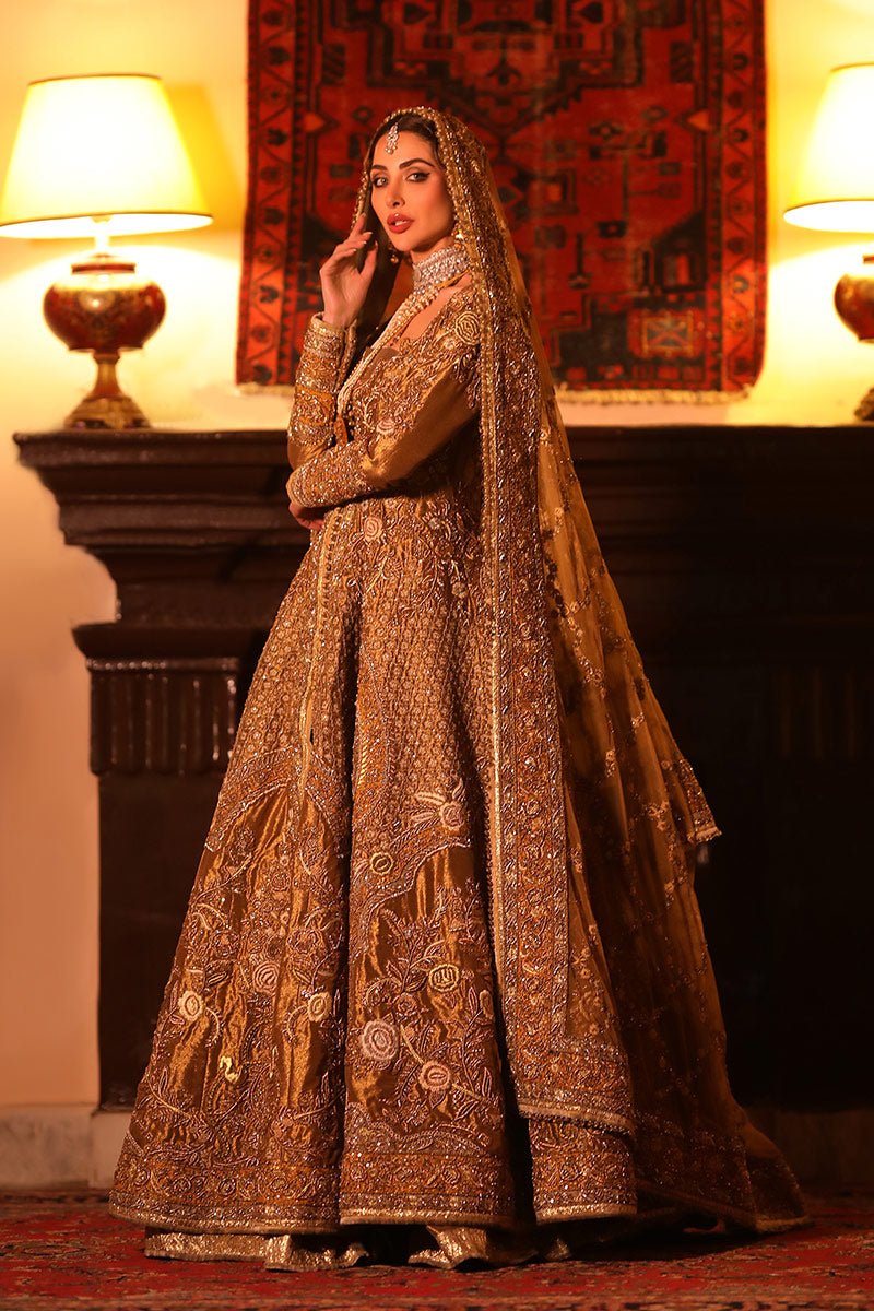Pakistani Antique Gold Zari Zardozi Tissue Lehenga (3-Piece) - Image 6