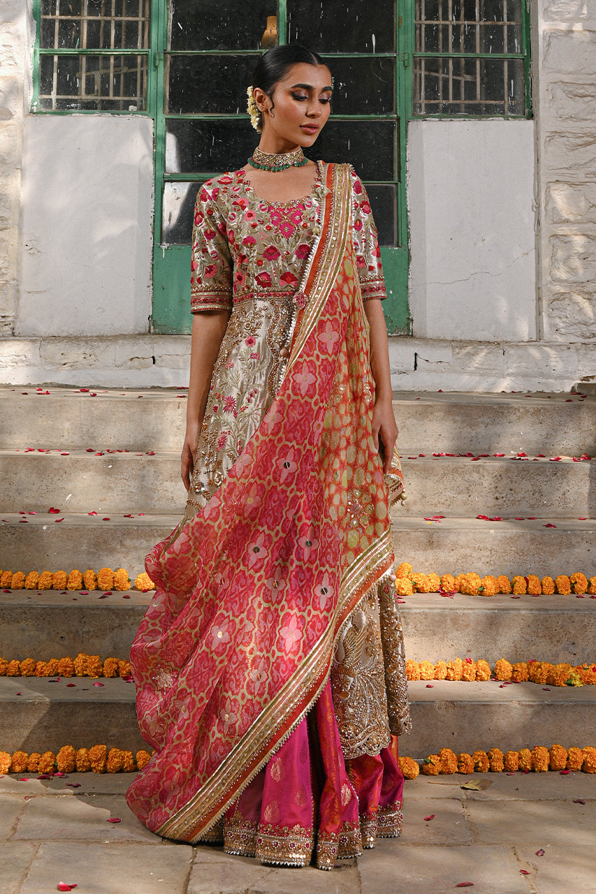 Pakistani Gold Zardozi Tissue Peshwas Dress (3-Piece) - Image 1