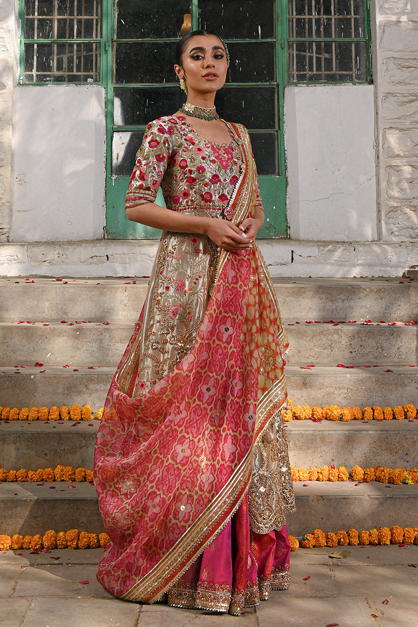 Pakistani Gold Zardozi Tissue Peshwas Dress (3-Piece) - Image 3