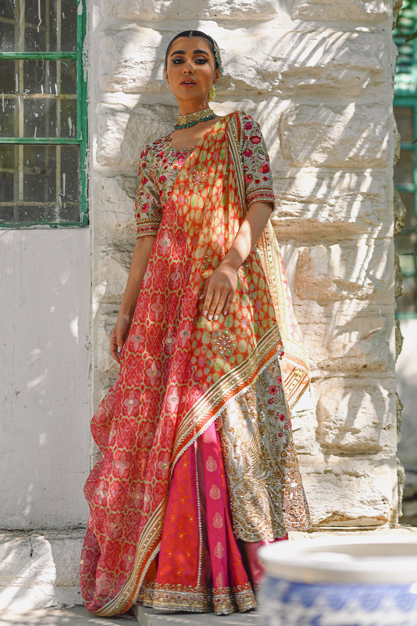 Pakistani Gold Zardozi Tissue Peshwas Dress (3-Piece) - Image 4