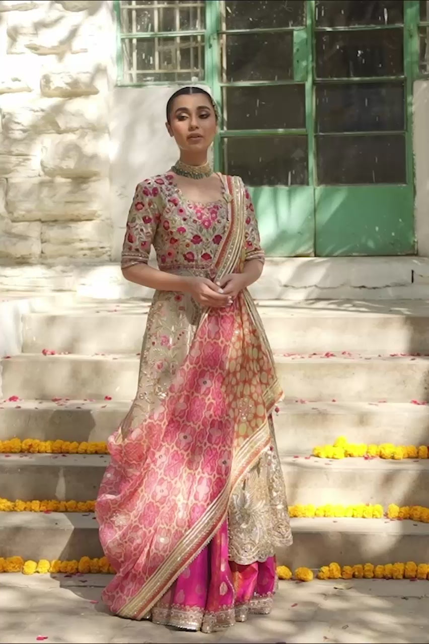 Pakistani Gold Zardozi Tissue Peshwas Dress (3-Piece) - Image 6