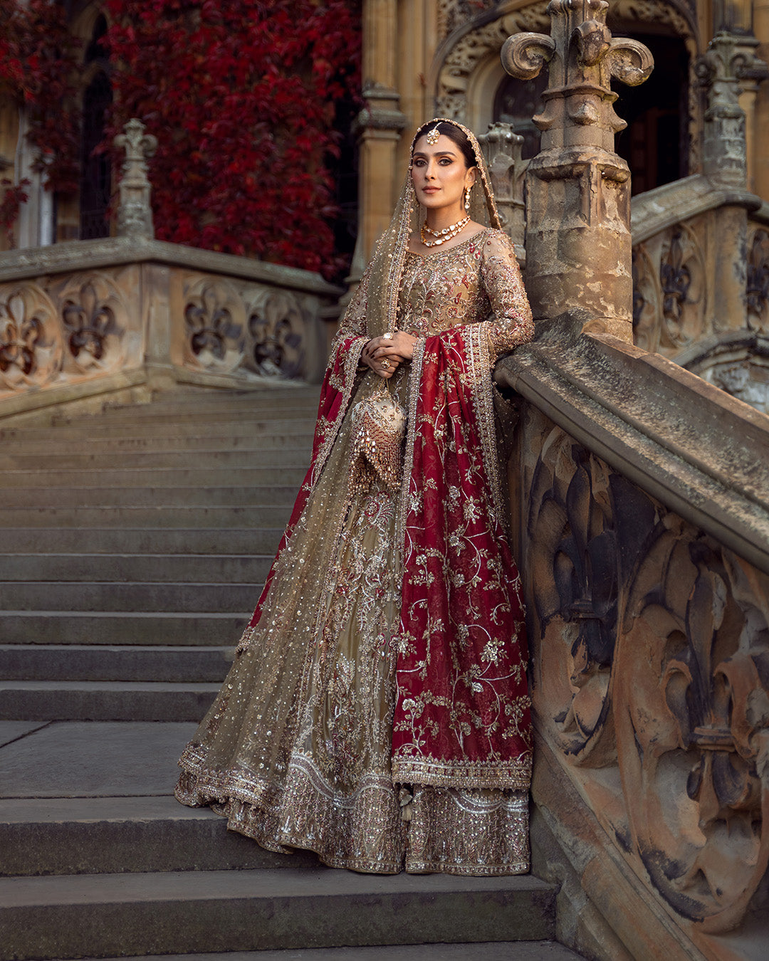Pakistani Gold & Red Hand-Embellished Tissue Lehenga Choli (3-Piece) - Image 1