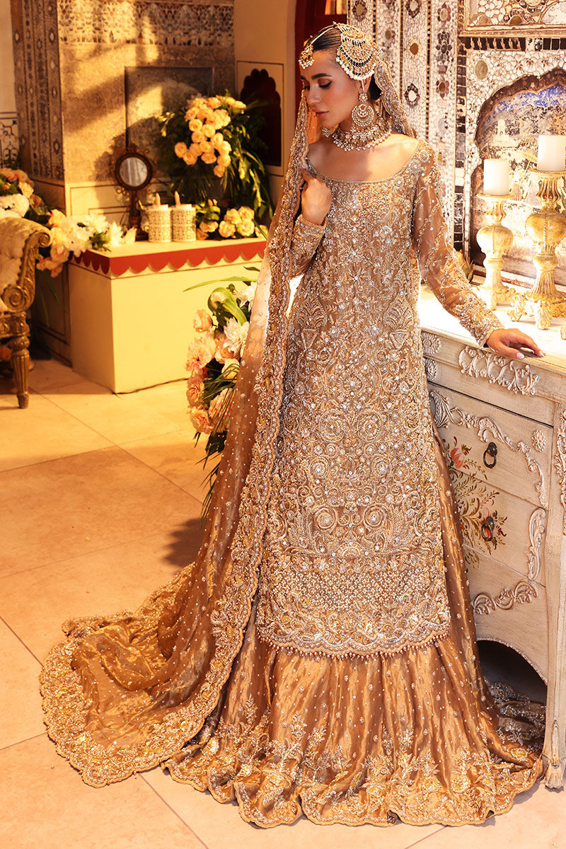 Pakistani Gold Hand-Worked Tissue Bridal Lehenga (3-Piece) - Image 10