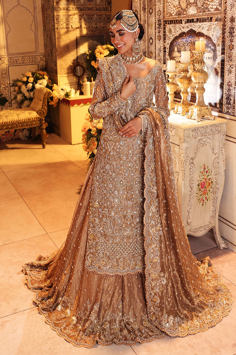 Pakistani Gold Hand-Worked Tissue Bridal Lehenga (3-Piece) - Image 2