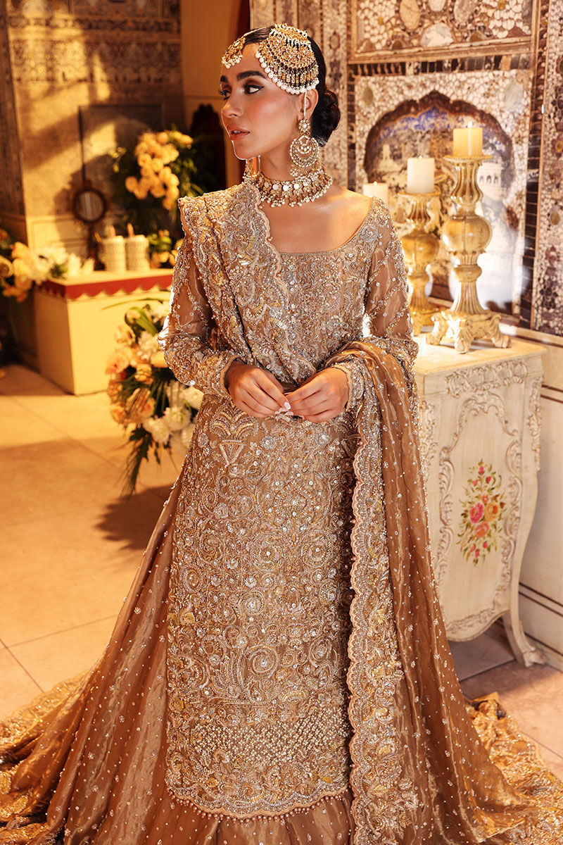 Pakistani Gold Hand-Worked Tissue Bridal Lehenga (3-Piece) - Image 5