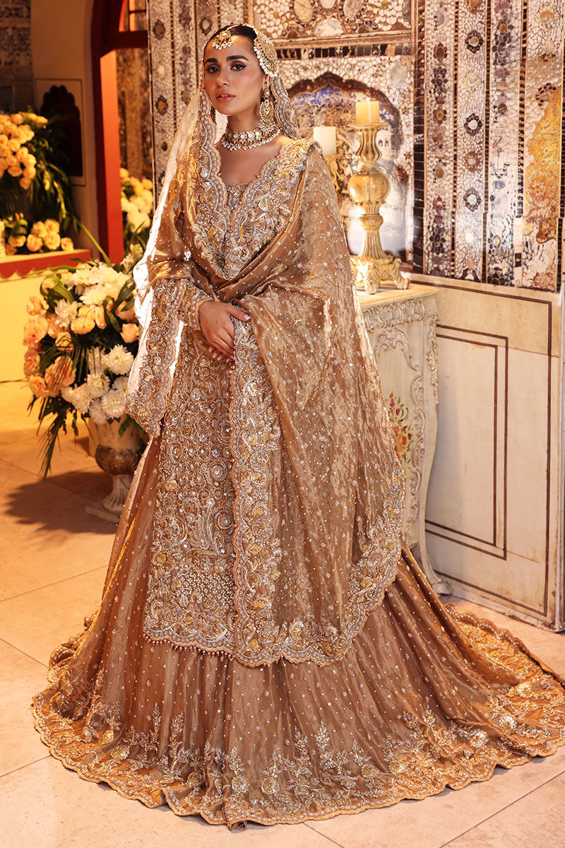 Pakistani Gold Hand-Worked Tissue Bridal Lehenga (3-Piece) - Image 8
