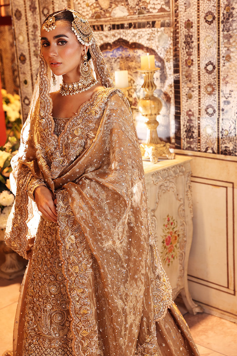 Pakistani Gold Hand-Worked Tissue Bridal Lehenga (3-Piece) - Image 9