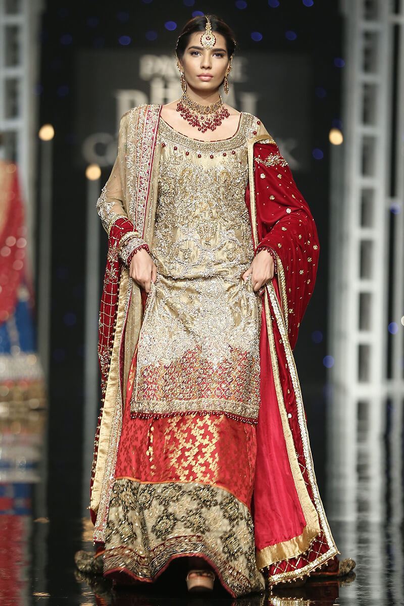 Pakistani Gold Embroidered Tissue Lehenga Set (4-Piece) - Image 1