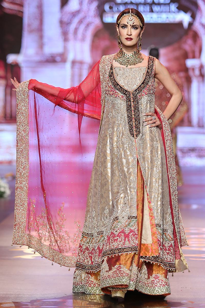Pakistani Gold Embroidered Tissue Gown Lehenga (3-Piece) - Image 1