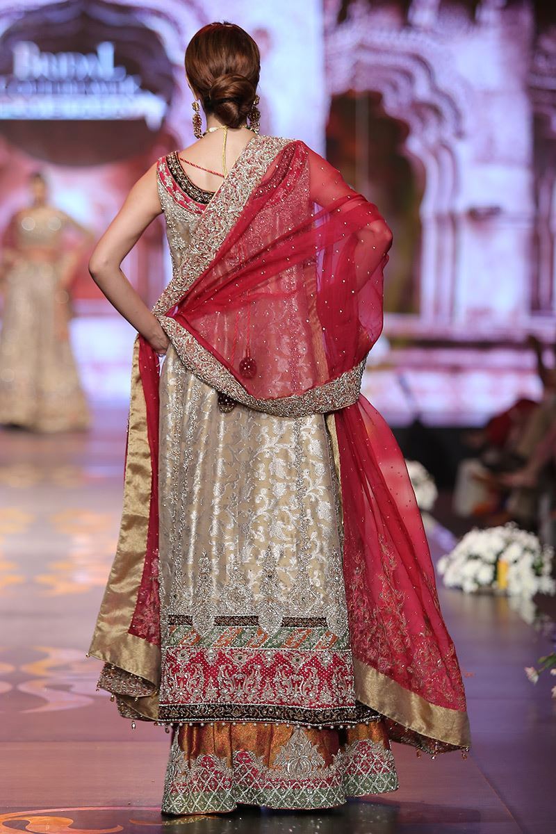 Pakistani Gold Embroidered Tissue Gown Lehenga (3-Piece) - Image 2