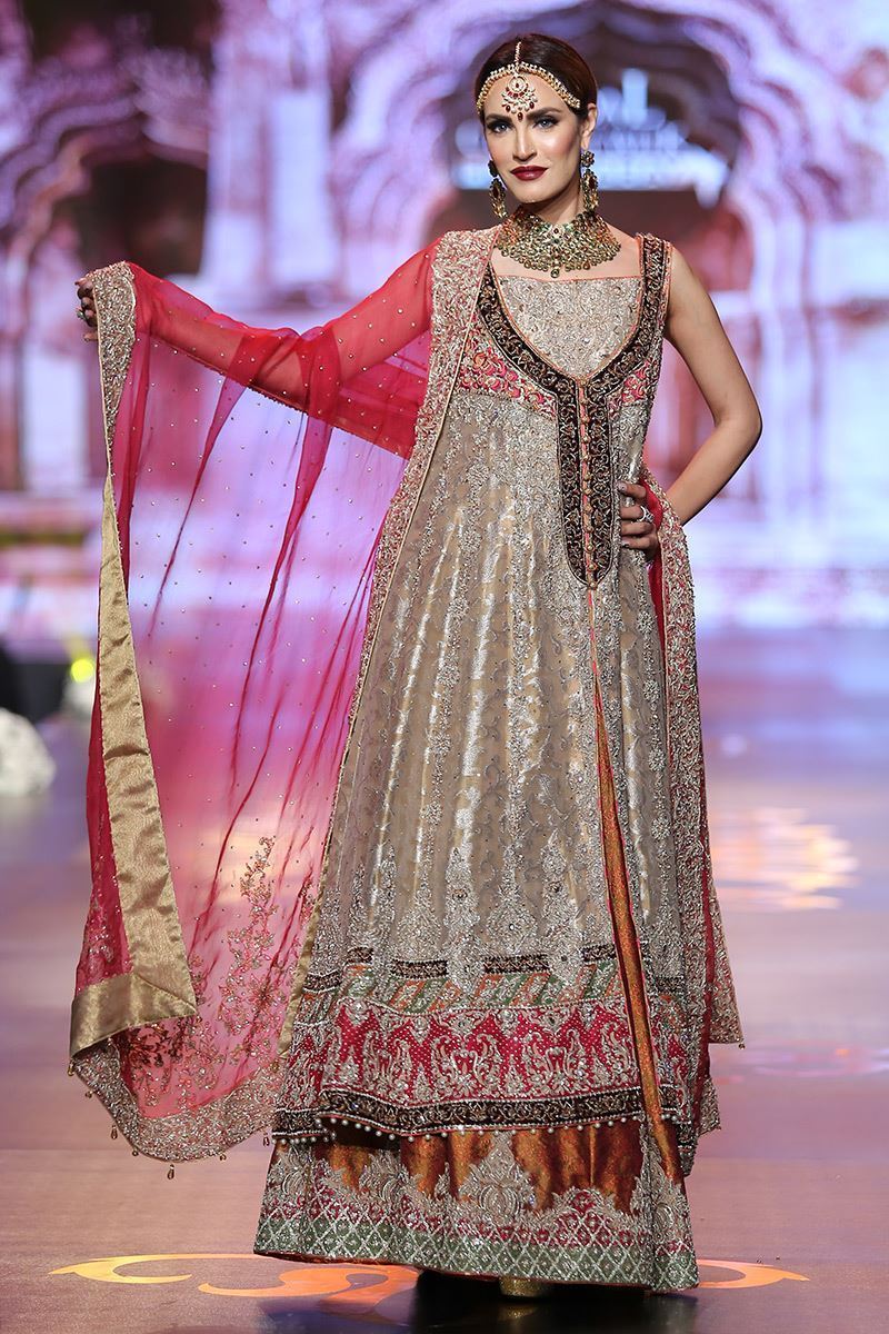 Pakistani Gold Embroidered Tissue Gown Lehenga (3-Piece) - Image 3