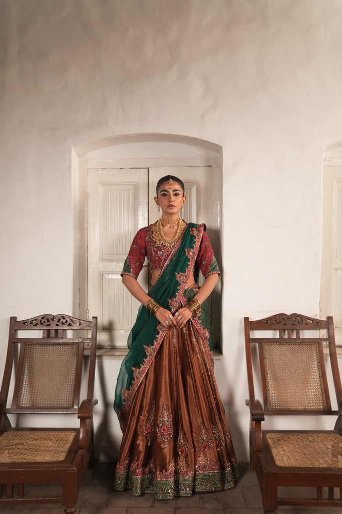 Bronze Hand-Embellished Tissue Lehenga (3-Piece) - Image 1