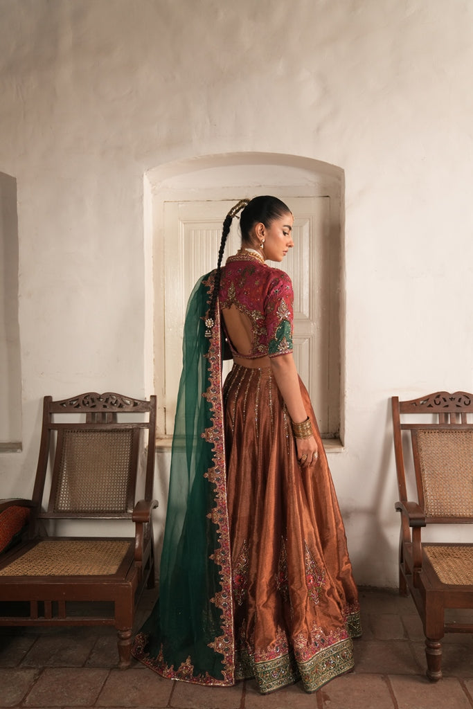 Bronze Hand-Embellished Tissue Lehenga (3-Piece) - Image 2