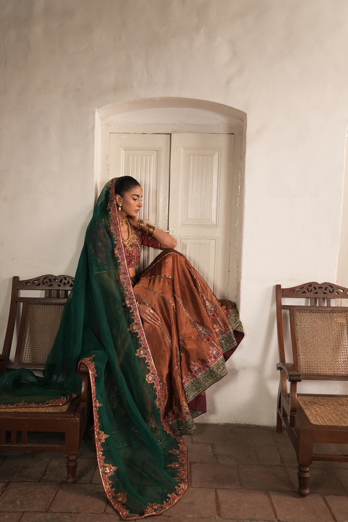 Bronze Hand-Embellished Tissue Lehenga (3-Piece) - Image 3