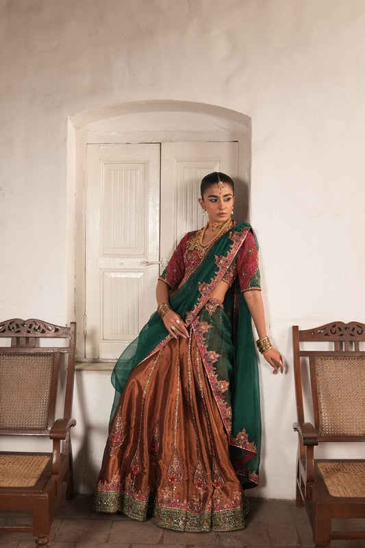 Bronze Hand-Embellished Tissue Lehenga (3-Piece) - Image 4