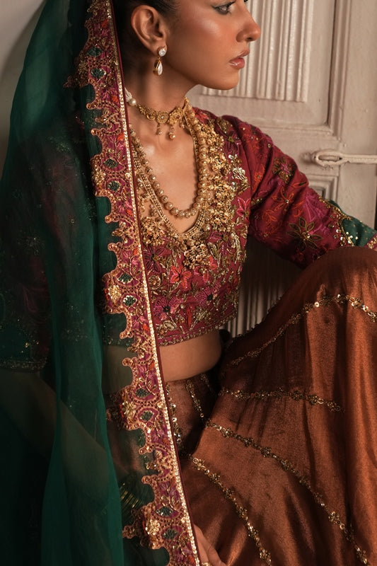 Bronze Hand-Embellished Tissue Lehenga (3-Piece) - Image 5