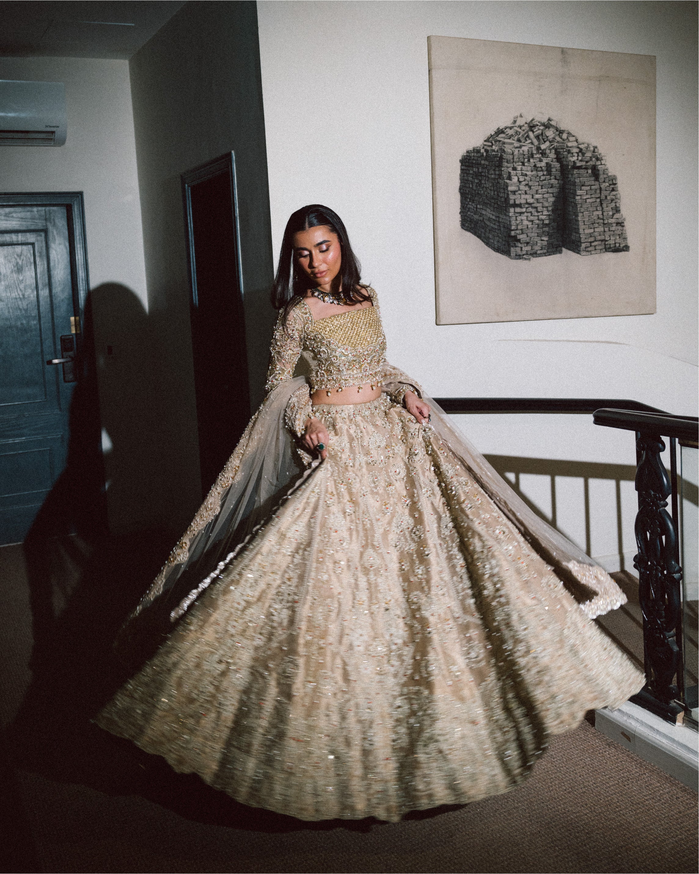 Pakistani Gold Zardozi Tissue Lehenga Choli (3-Piece) - Image 2