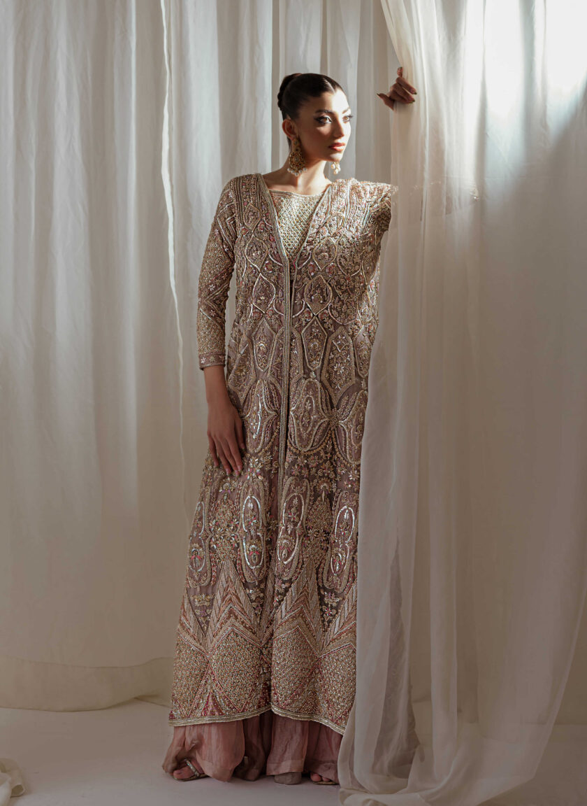 Rose Gold Zardozi Tissue Lehenga Jacket (3-Piece) - Image 1