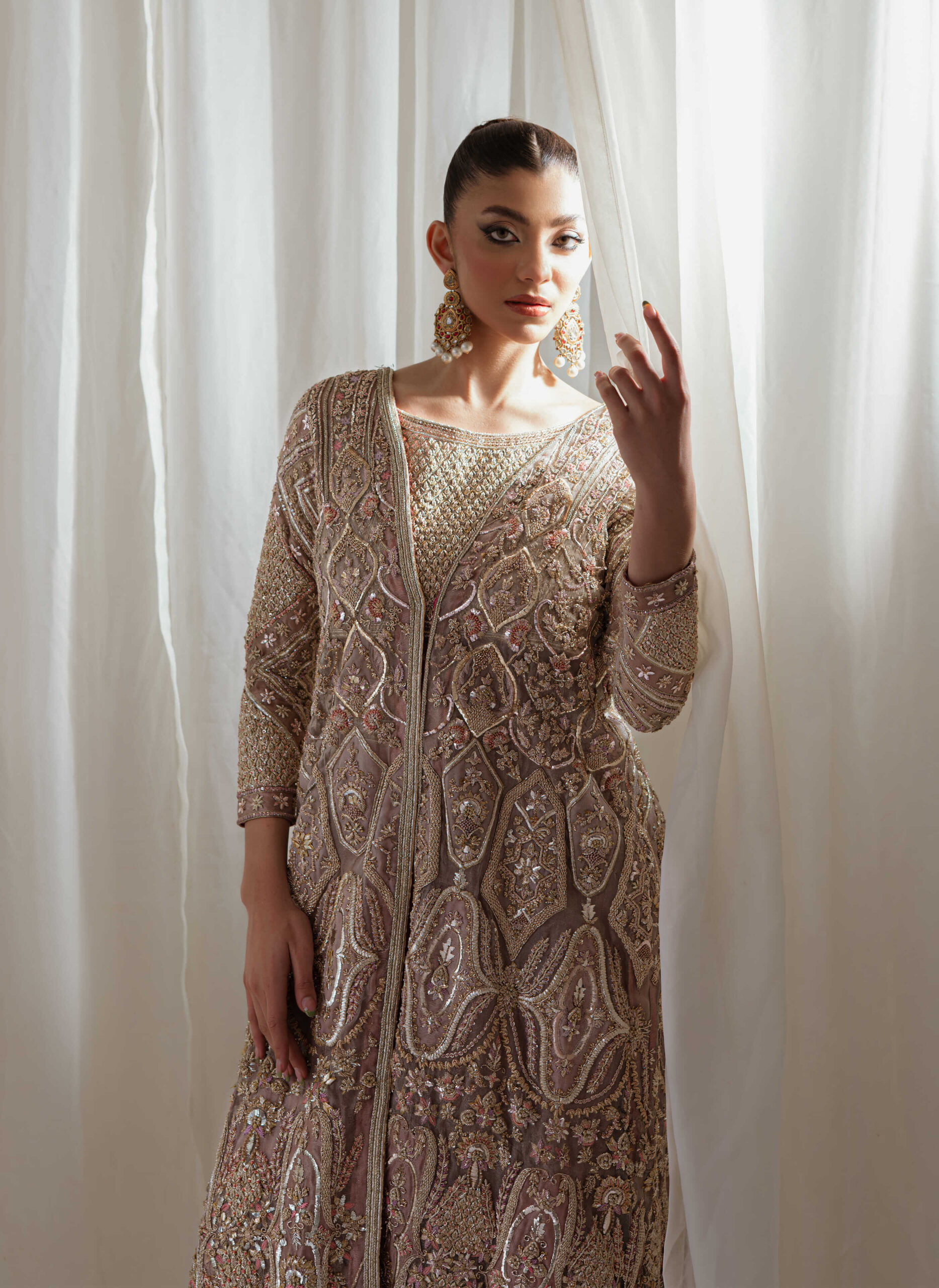 Rose Gold Zardozi Tissue Lehenga Jacket (3-Piece) - Image 3