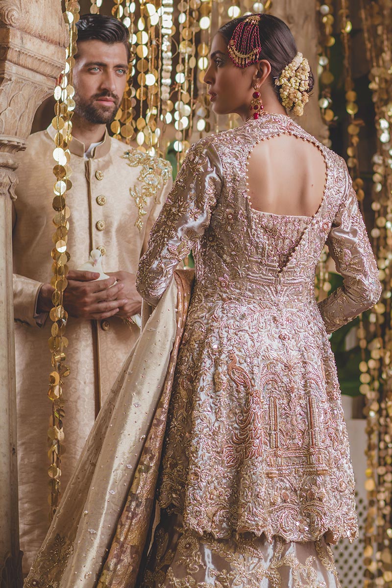 Pakistani Peach Gold Embroidered Tissue Bridal Lehenga (3-Piece) - Image 1