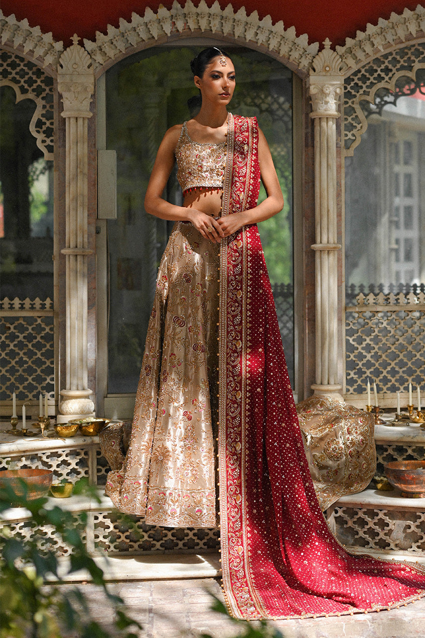 Gold Zardozi Tissue Lehnga Choli (3-Piece) - Image 1