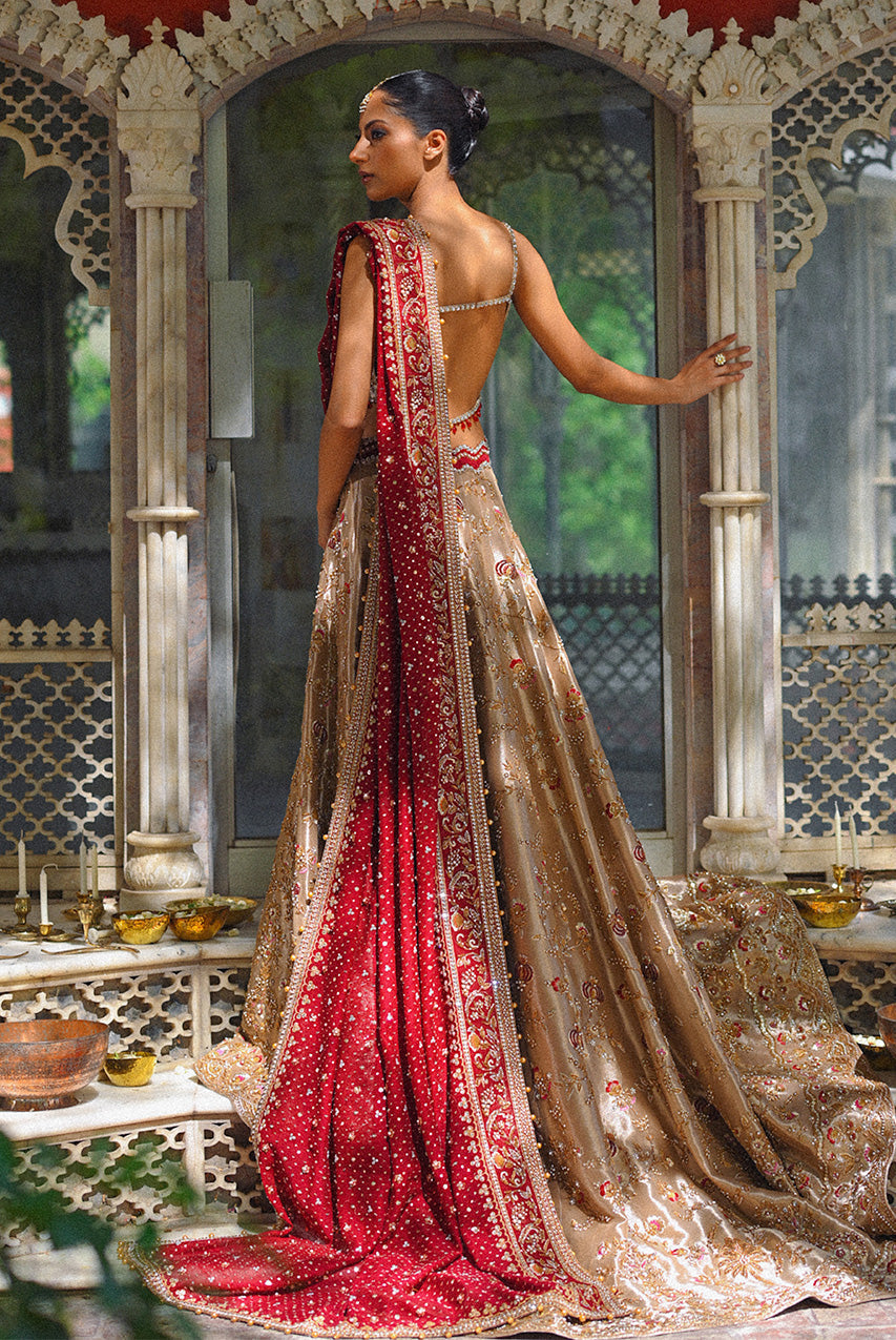 Gold Zardozi Tissue Lehnga Choli (3-Piece) - Image 2