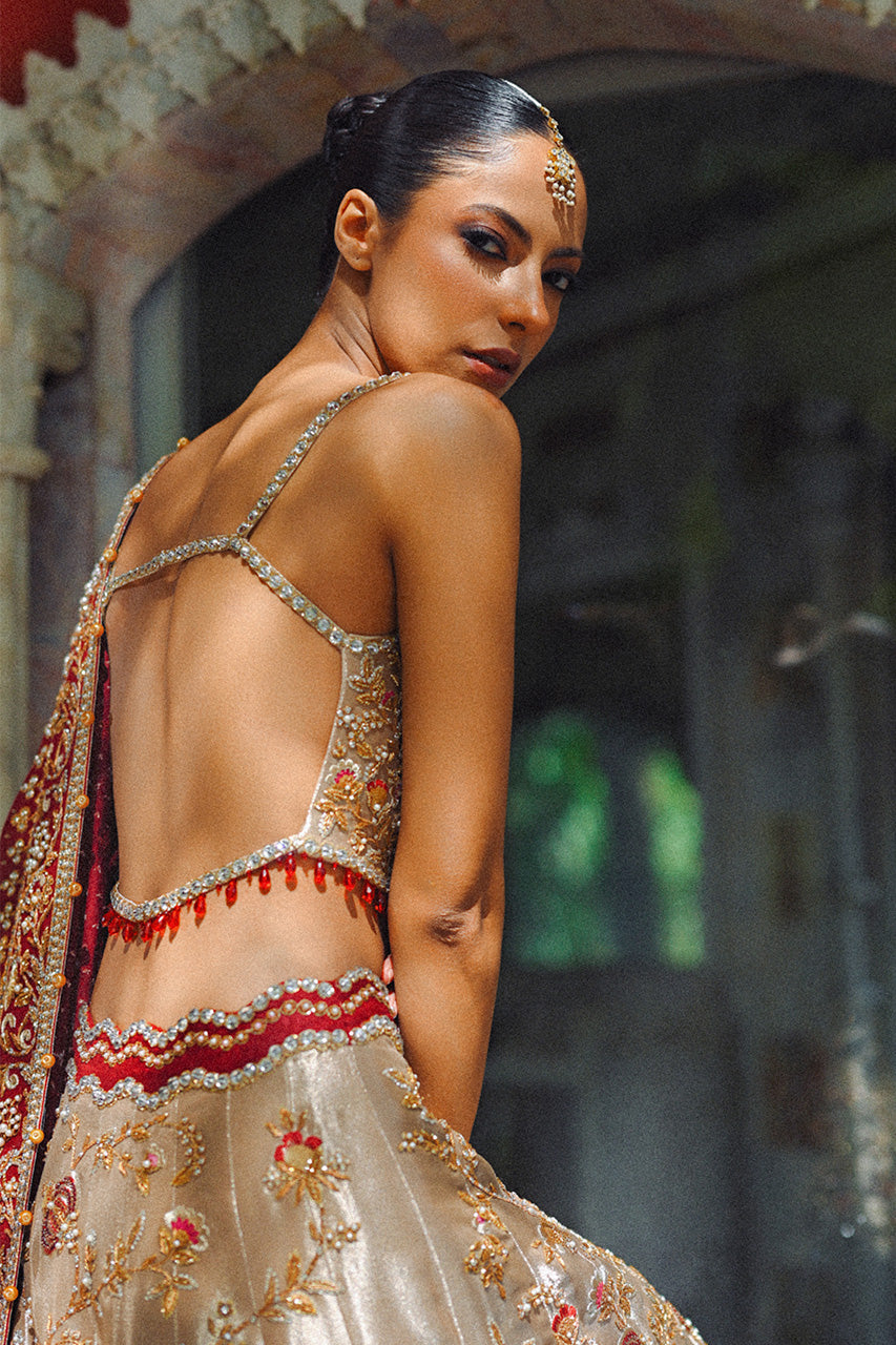 Gold Zardozi Tissue Lehnga Choli (3-Piece) - Image 5