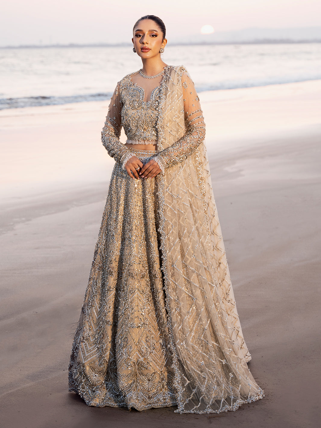 Golden Champagne 3D Floral Tulle Bridal Lehenga (3-Piece) - Image 1