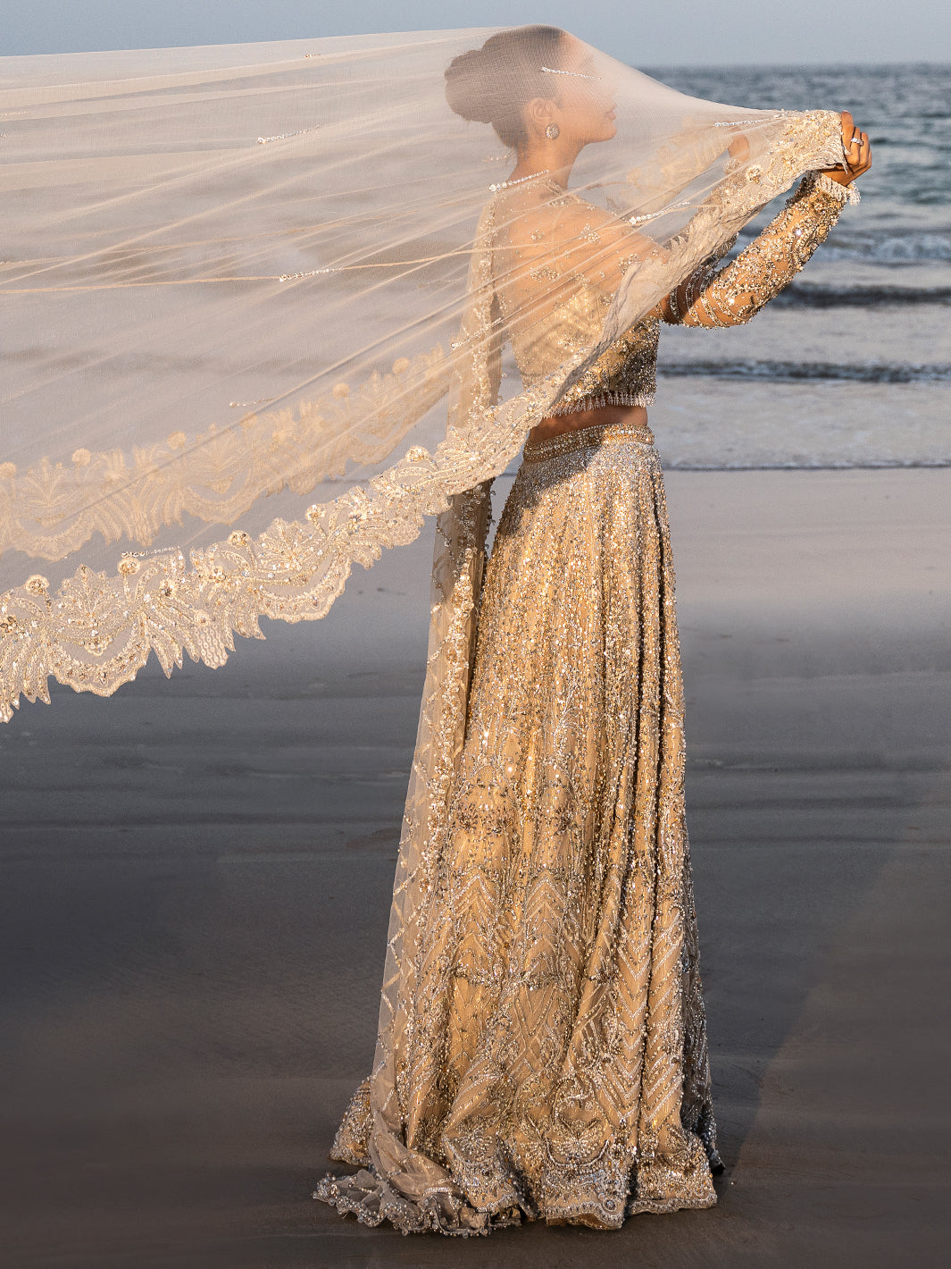 Golden Champagne 3D Floral Tulle Bridal Lehenga (3-Piece) - Image 10