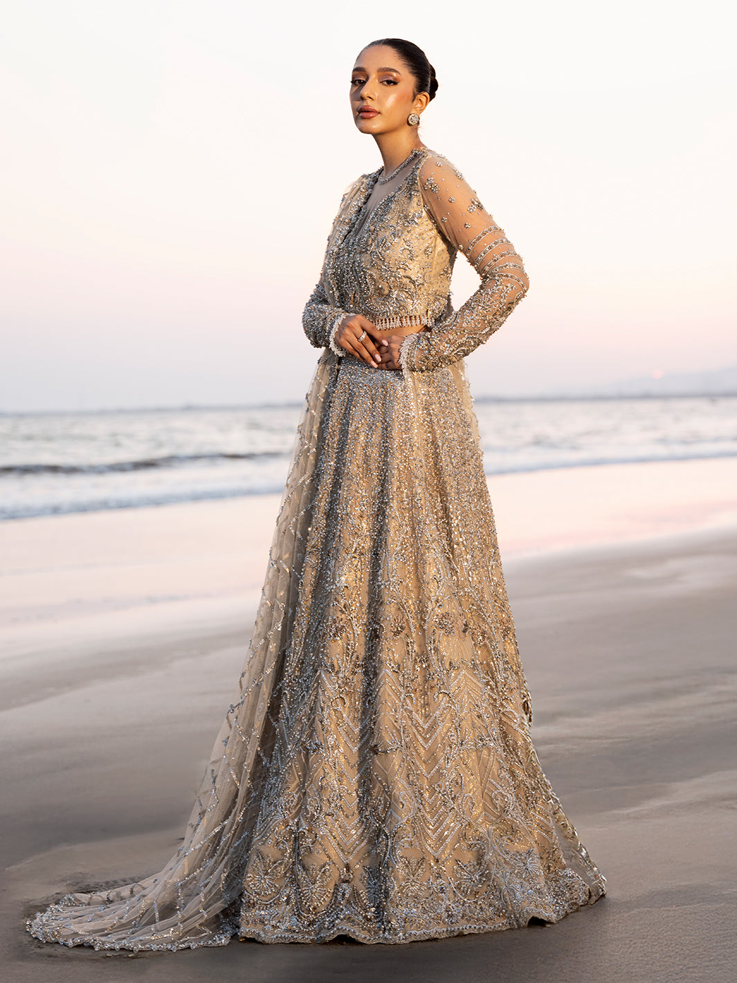 Golden Champagne 3D Floral Tulle Bridal Lehenga (3-Piece) - Image 11