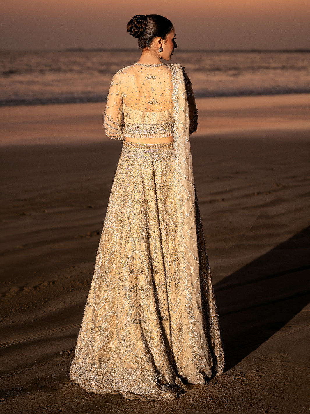 Golden Champagne 3D Floral Tulle Bridal Lehenga (3-Piece) - Image 3