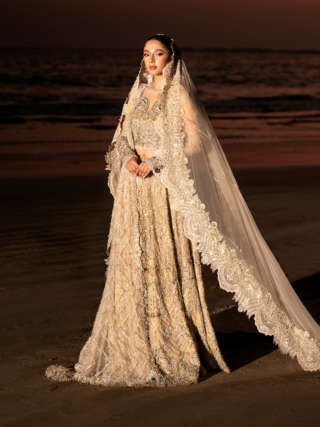 Golden Champagne 3D Floral Tulle Bridal Lehenga (3-Piece) - Image 4