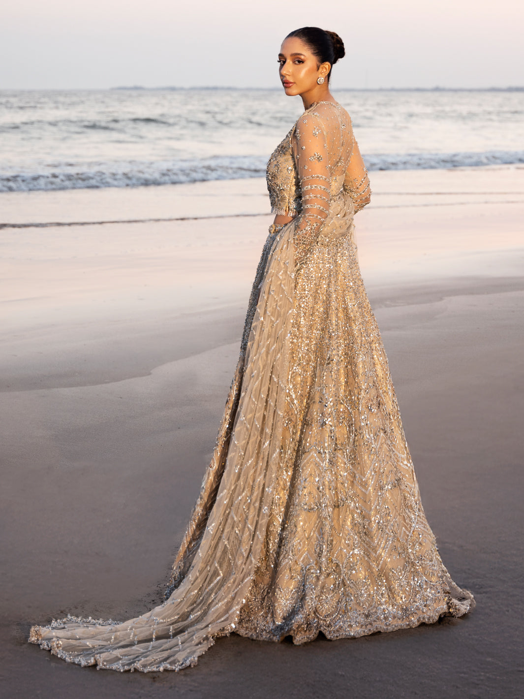 Golden Champagne 3D Floral Tulle Bridal Lehenga (3-Piece) - Image 5