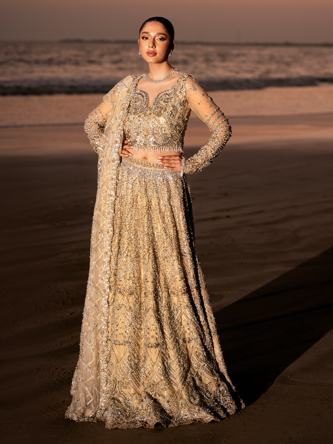 Golden Champagne 3D Floral Tulle Bridal Lehenga (3-Piece) - Image 6