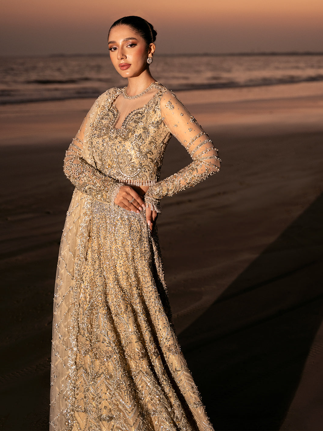 Golden Champagne 3D Floral Tulle Bridal Lehenga (3-Piece) - Image 7