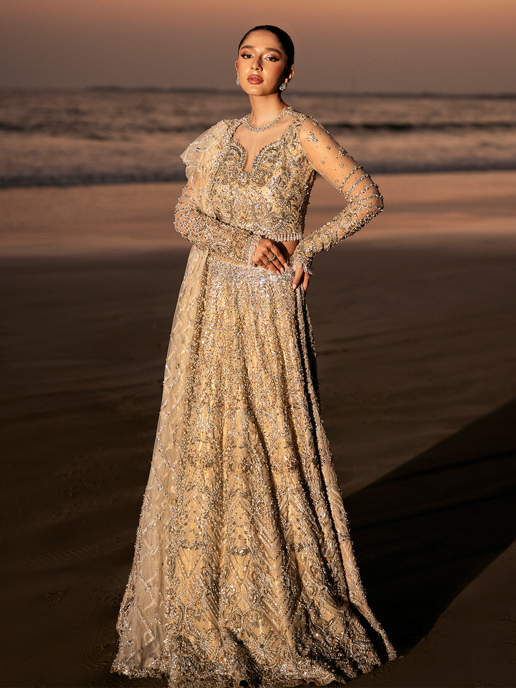 Golden Champagne 3D Floral Tulle Bridal Lehenga (3-Piece) - Image 9