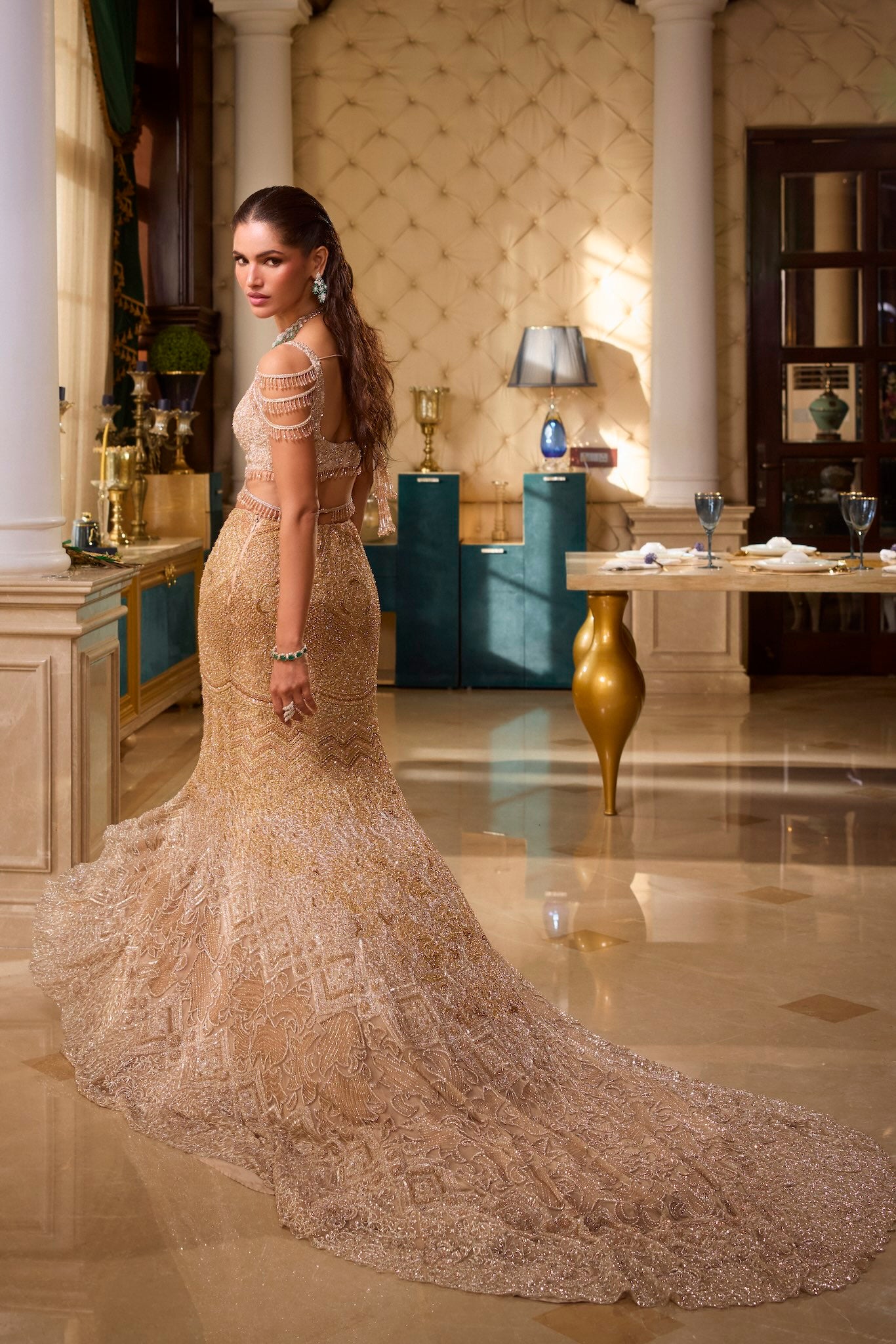 Gold Ombre Hand-Embroidered Tulle Fish-Cut Lehenga (3-Piece) - Image 1