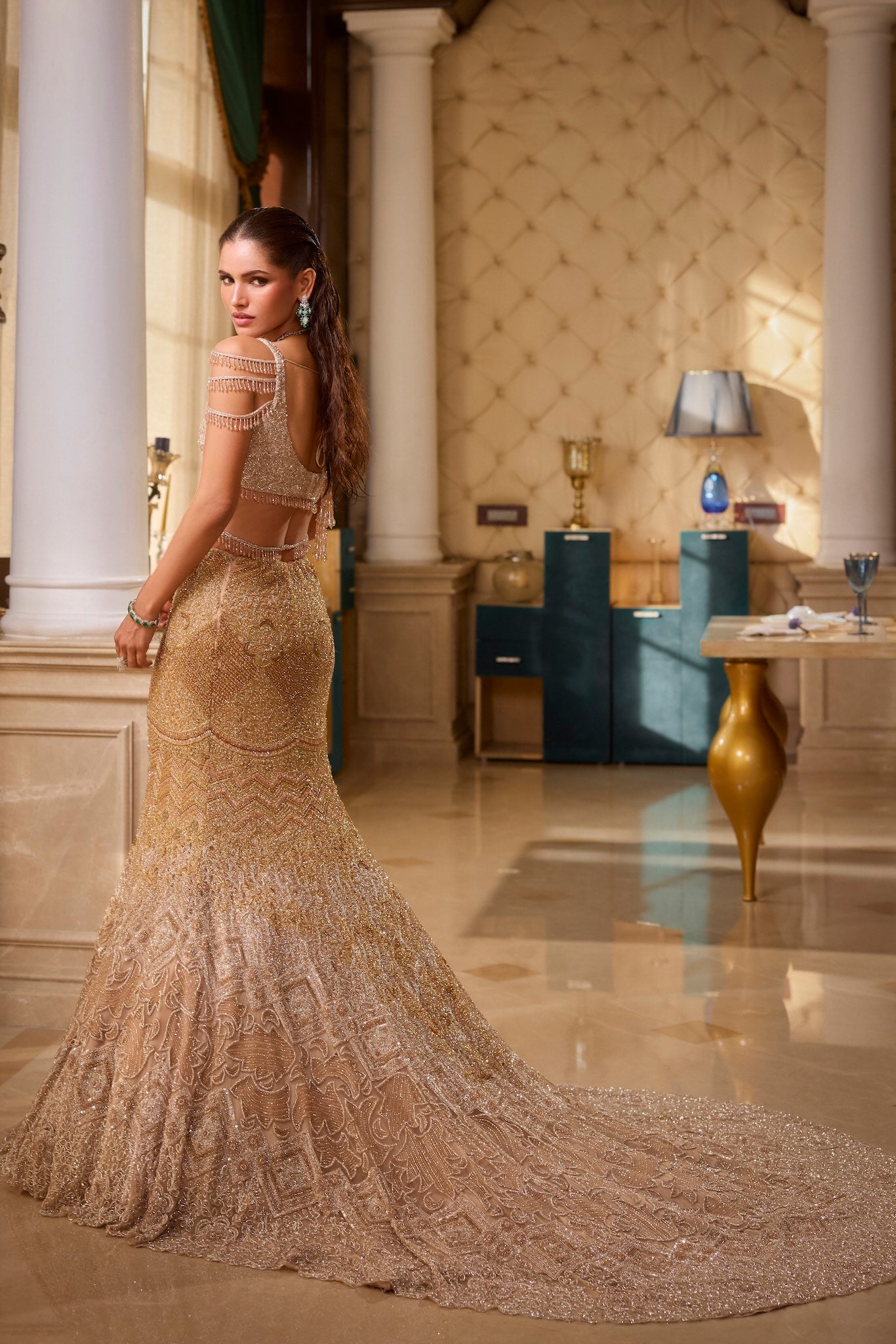 Gold Ombre Hand-Embroidered Tulle Fish-Cut Lehenga (3-Piece) - Image 3