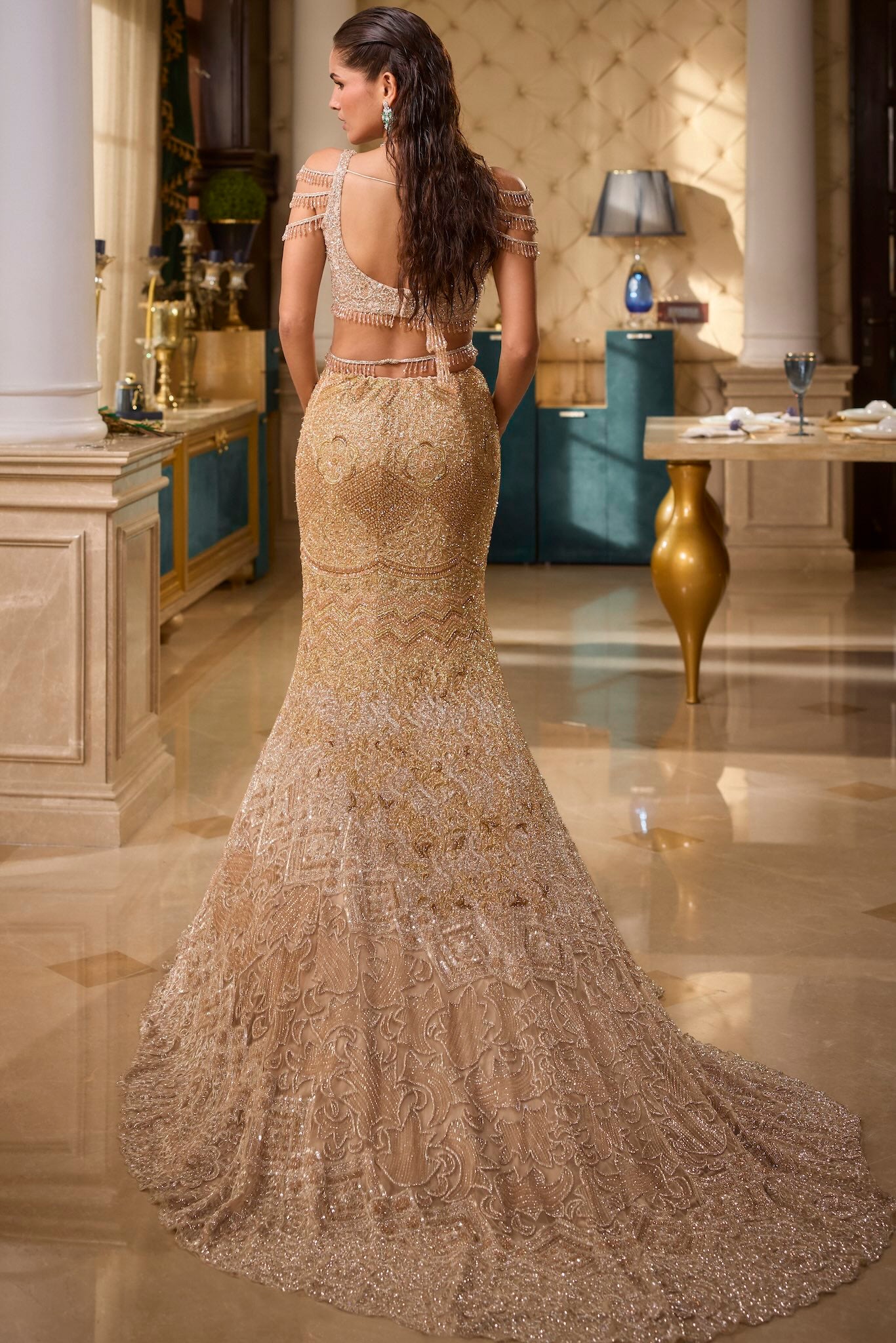 Gold Ombre Hand-Embroidered Tulle Fish-Cut Lehenga (3-Piece) - Image 5