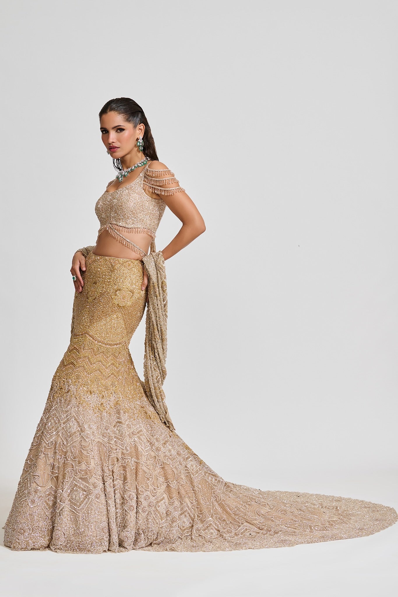 Gold Ombre Hand-Embroidered Tulle Fish-Cut Lehenga (3-Piece) - Image 6