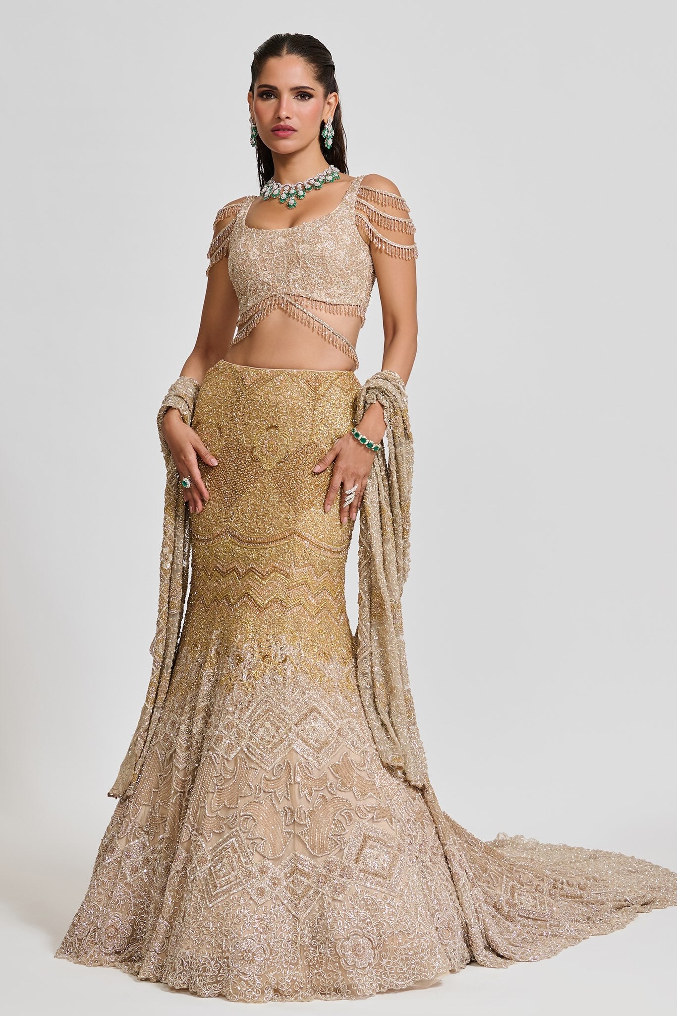 Gold Ombre Hand-Embroidered Tulle Fish-Cut Lehenga (3-Piece) - Image 7