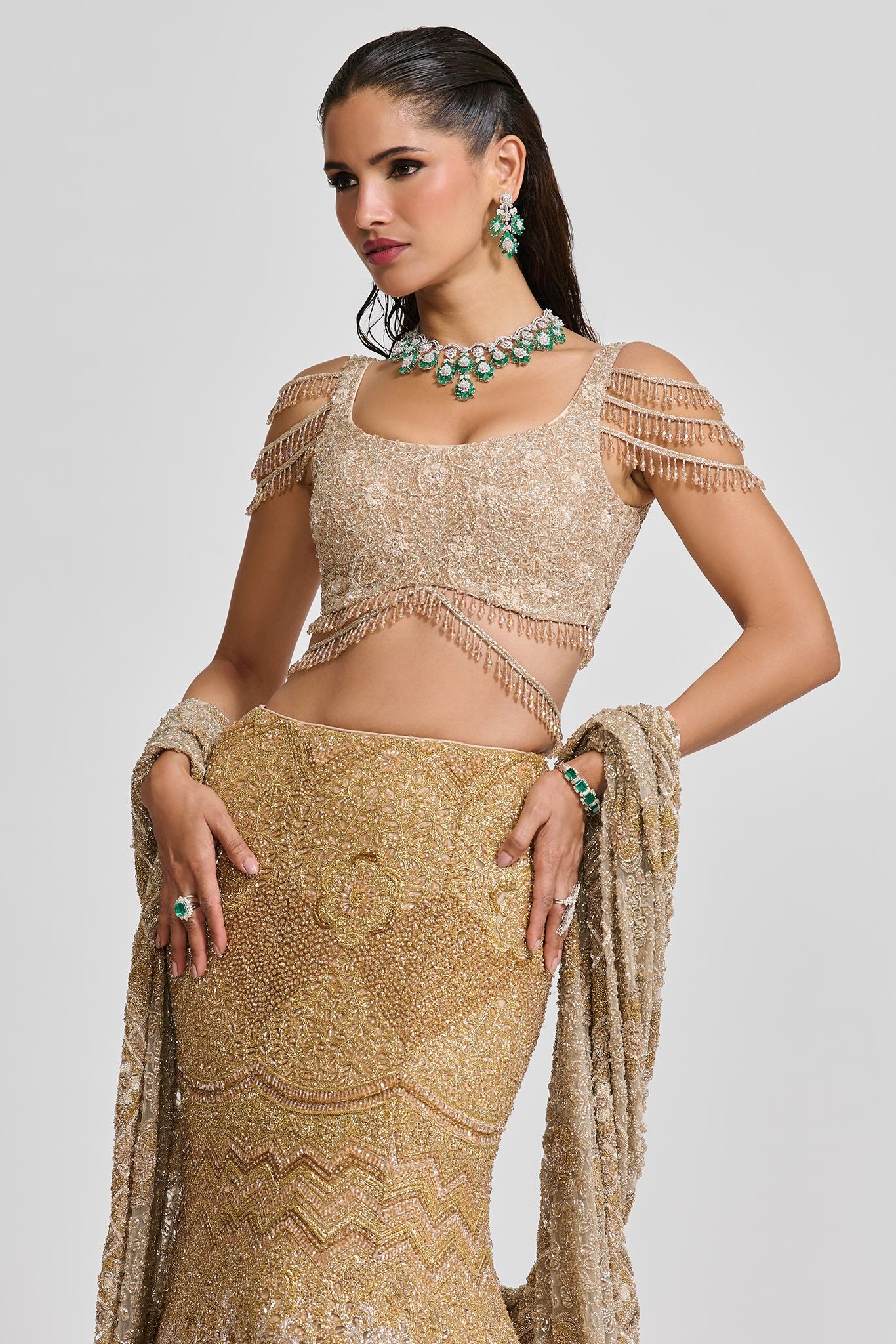 Gold Ombre Hand-Embroidered Tulle Fish-Cut Lehenga (3-Piece) - Image 8