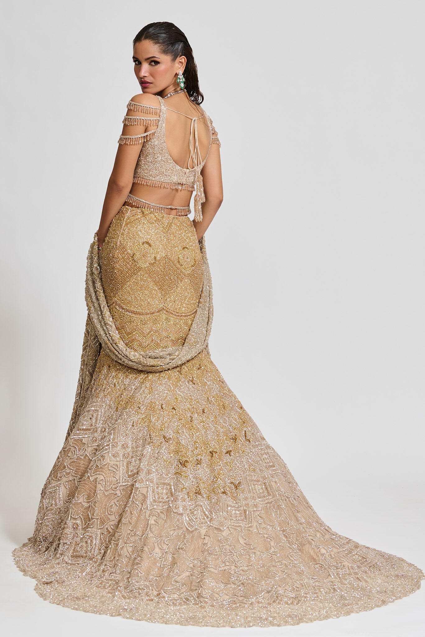 Gold Ombre Hand-Embroidered Tulle Fish-Cut Lehenga (3-Piece) - Image 9