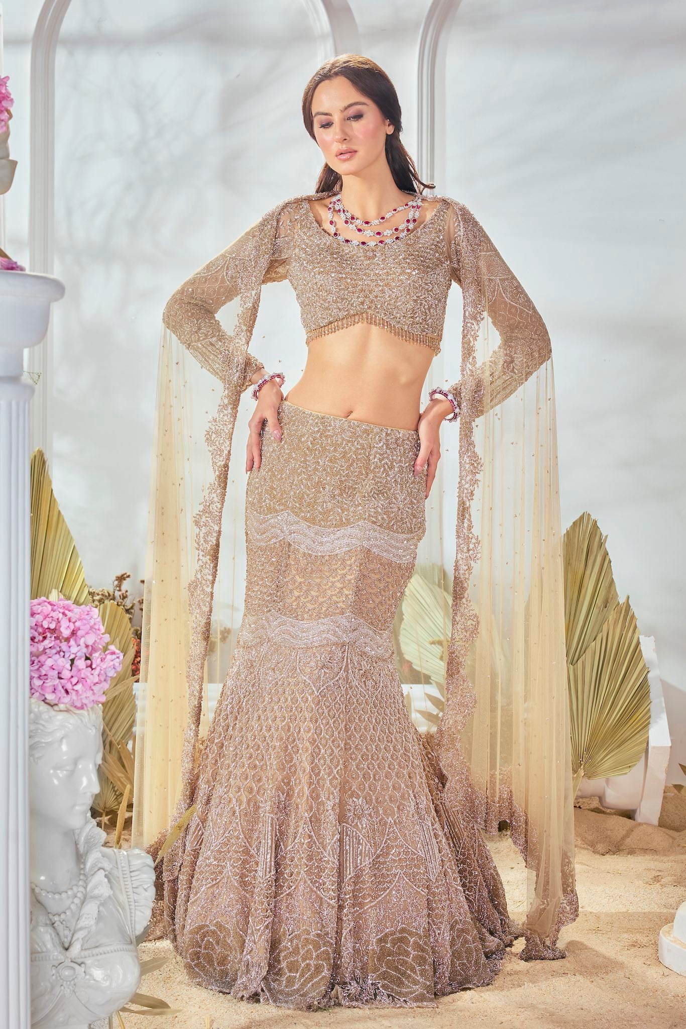 Gold Cutdana Sequin Tulle Fish Cut Lehenga (3-Piece) - Image 2