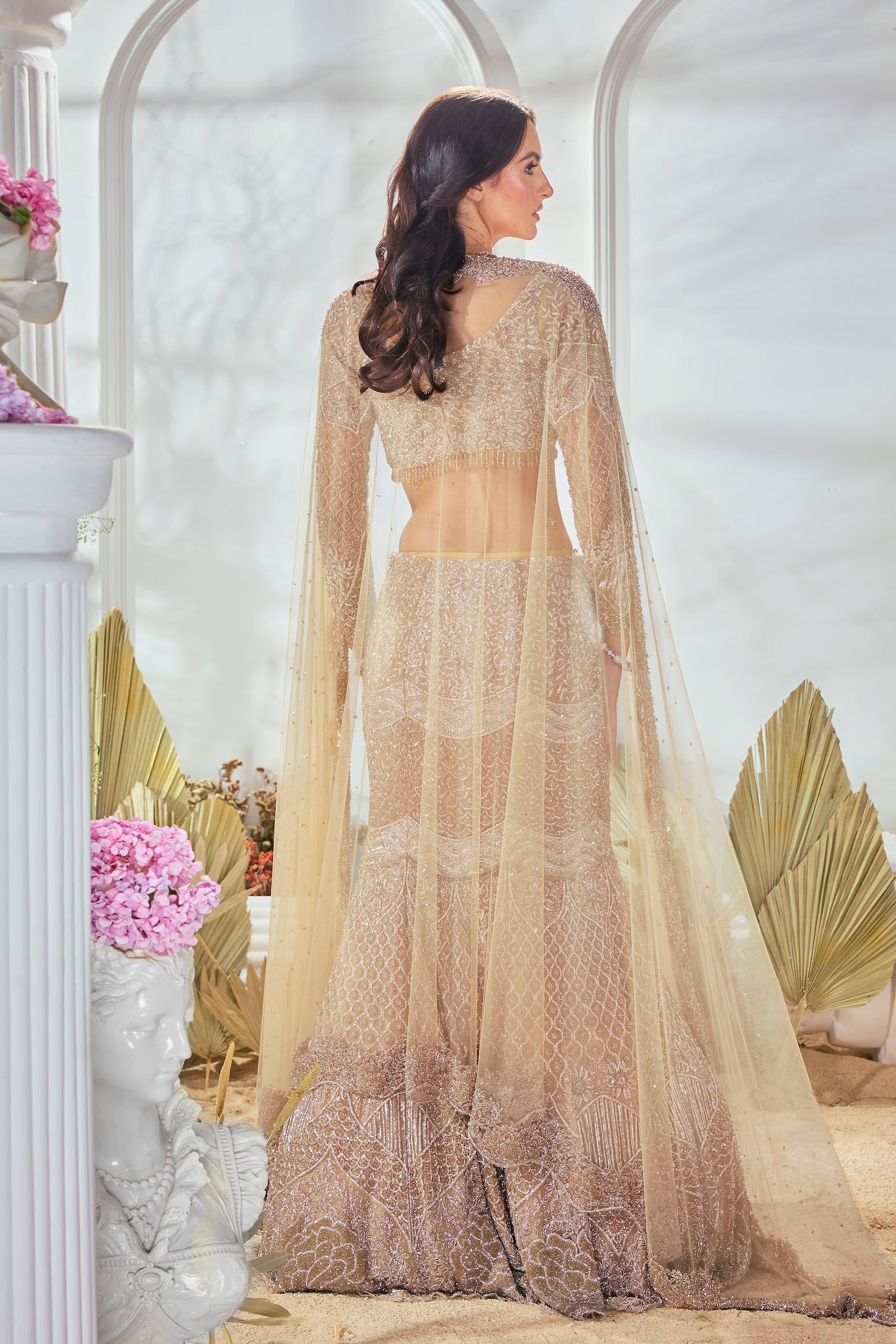 Gold Cutdana Sequin Tulle Fish Cut Lehenga (3-Piece) - Image 4