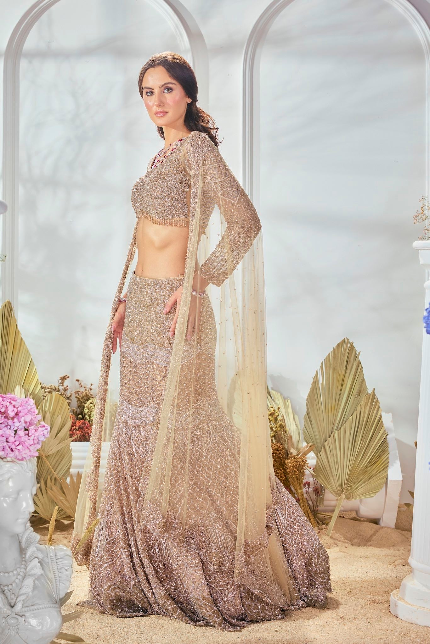 Gold Cutdana Sequin Tulle Fish Cut Lehenga (3-Piece) - Image 5