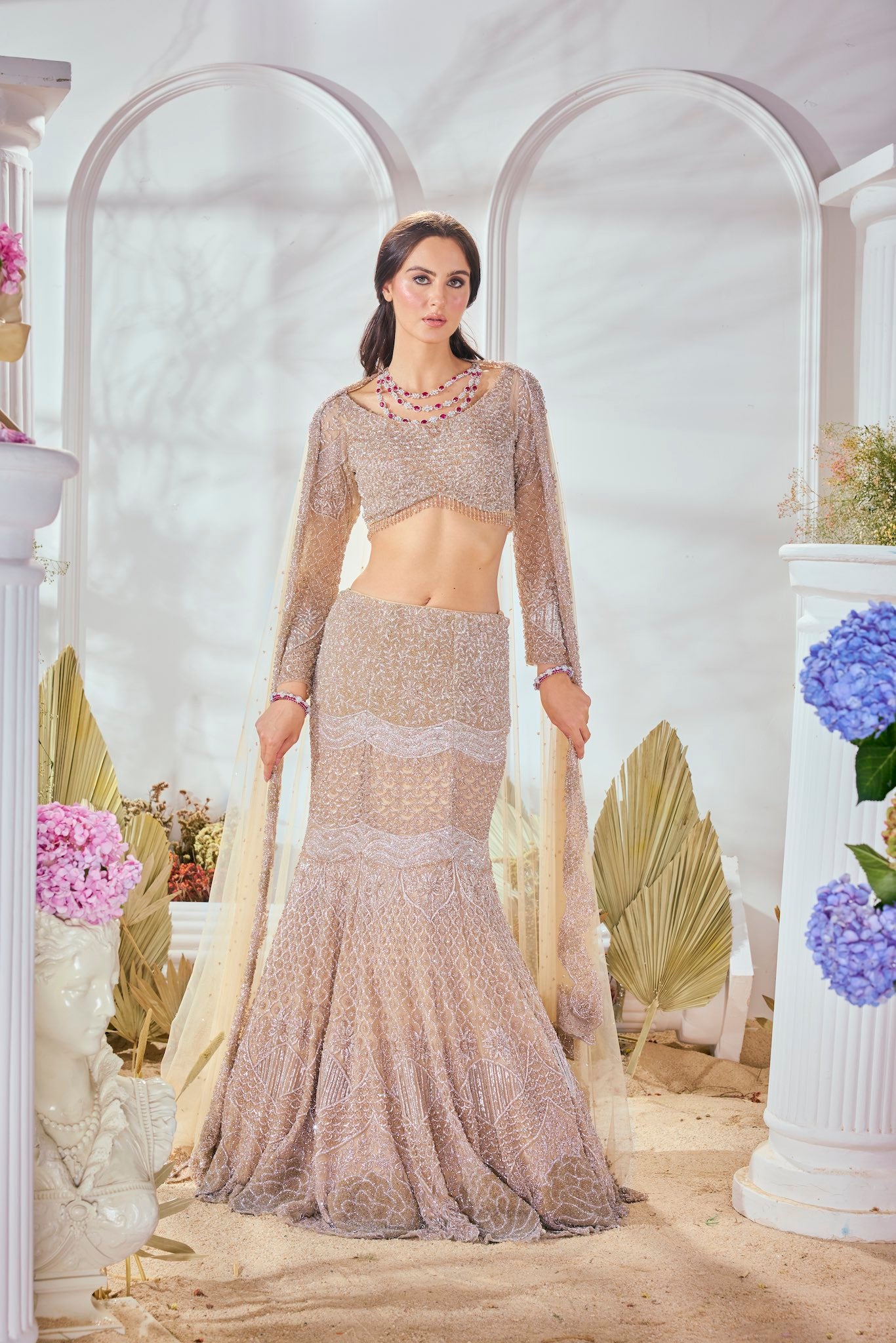 Gold Cutdana Sequin Tulle Fish Cut Lehenga (3-Piece) - Image 6