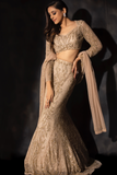 Water Gold Cutdana Sequin Tulle Fish-Cut Lehenga (3-Piece) - Image 2