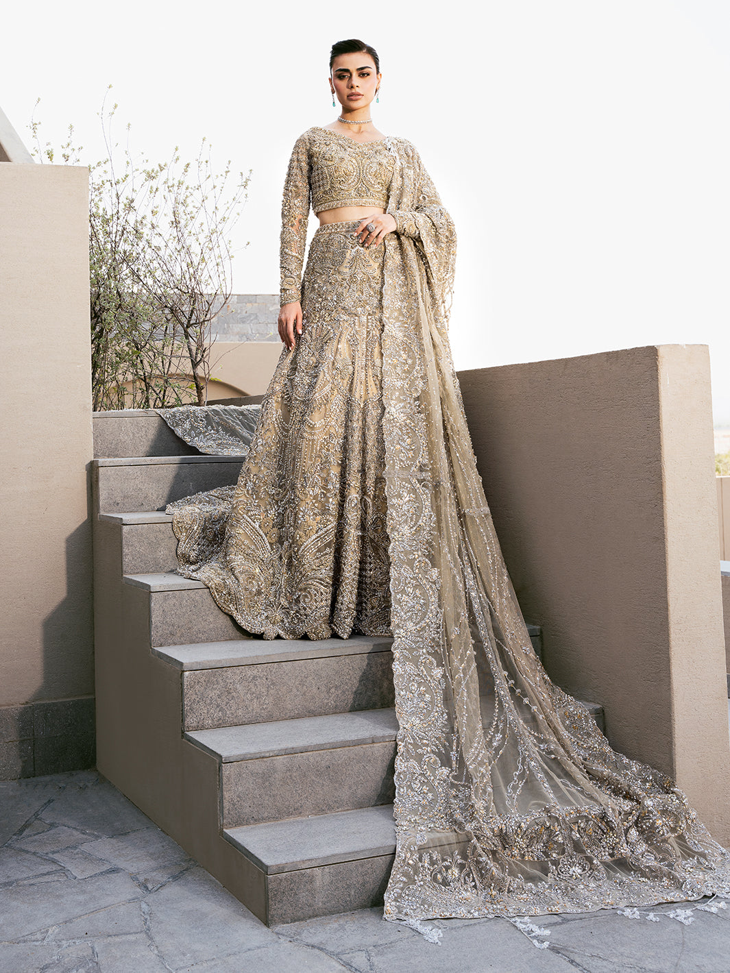 Pakistani Champagne Embroidered Tulle Lehenga Choli (3-Piece) - Image 1